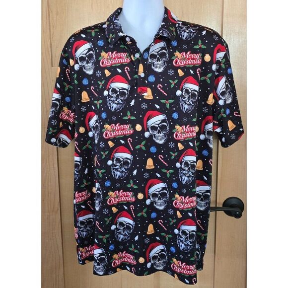 Funny Christmas Skull Polo Shirt Santa biker goth grunge whimsygoth holiday - Picture 1 of 6
